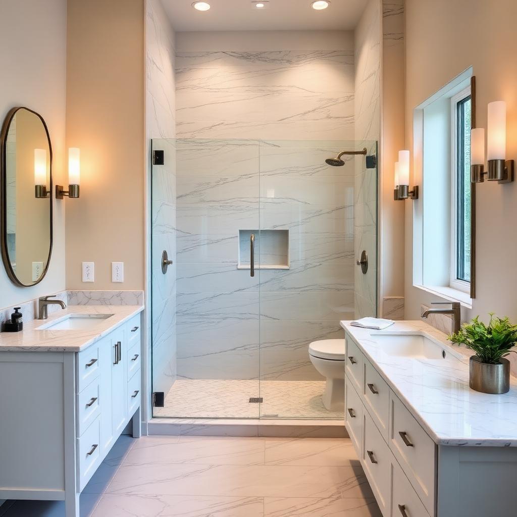 Bathroom remodel with tiled walk-in shower and dual vanities