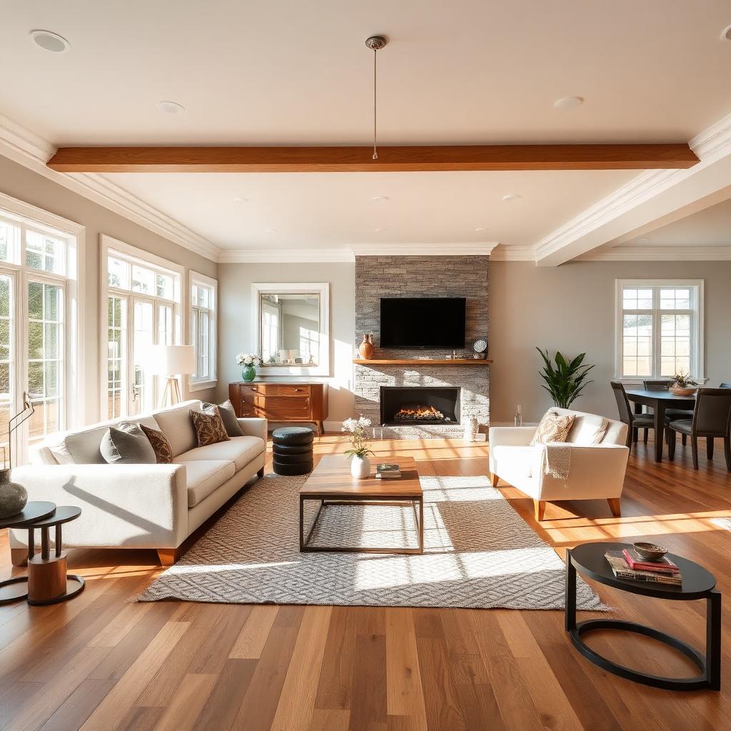 Renovated open-concept living room with new hardwood floors