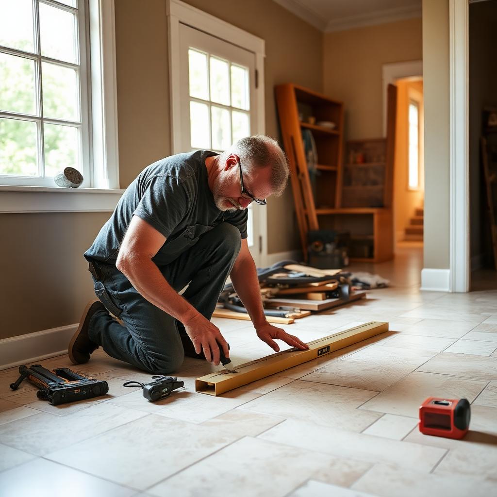 Tile installer setting stone floor tile in a home